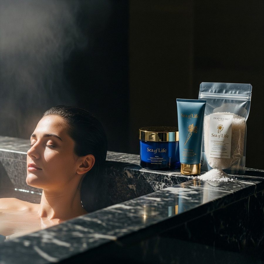 מוצרי Sea of Life ליד אמבטיה – Dead Sea Salt ו-Body Cream